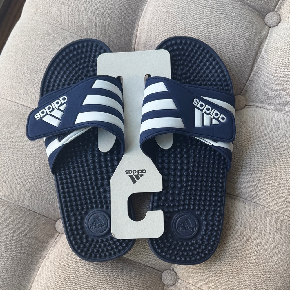 Adidas Navy and White Striped Slides Unisex slides